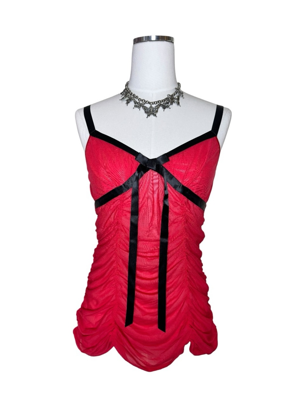 Y2K Victoria’s Secret Red Ruched Sheer Mesh Cami w/ Black Ribbon Trim Size Small